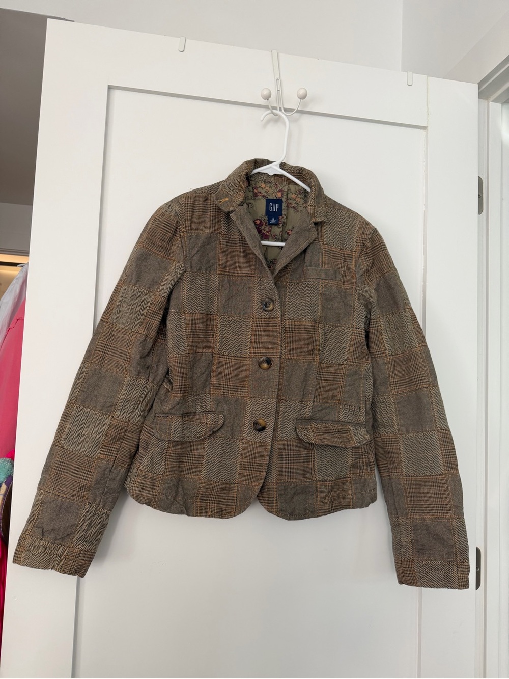 GAP Women's Brown Patchwork Plaid Houndstooth Blazer